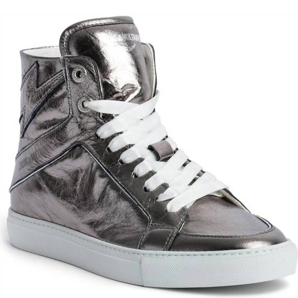 NEW ZADIG & VOLTAIRE women's high flash vintage meta sneaker in gun - Picture 1 of 6
